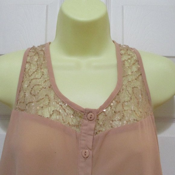 Sheer Chiffon Hi-Lo Tunic Top sz 8 Blush Beige Lace Sequin Boho - Picture 3 of 8